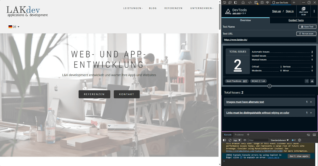 Prüfung der Barrierefreiheit von lakdev.de mit Axe DevTools