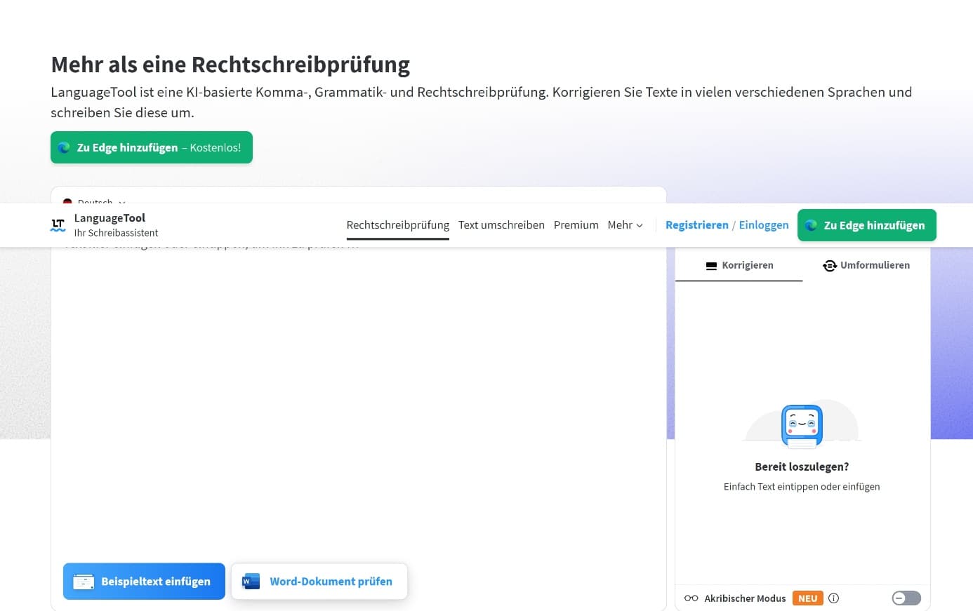 Das Language Tool zeigt ein Eingabefeld für den Text an. Dafür gibt es verschiedene Optionen, wie die Rechtschreibprüfung, Text umschreiben, Premium, etc.