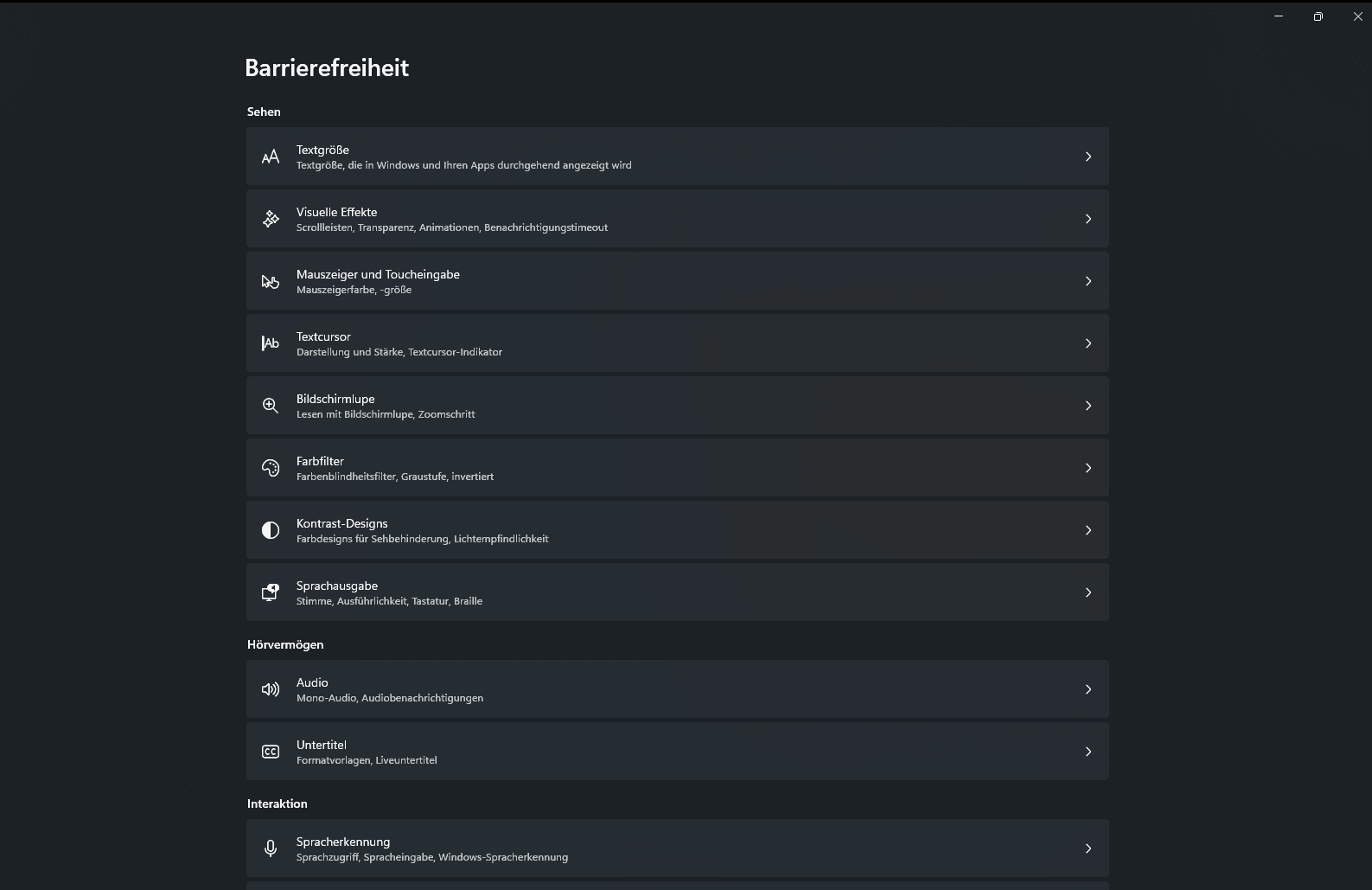 Die Barrierefreiheitsoptionen von Windows bieten verschiedene Funktionen wie Textgröße, Visuelle Effekte, Mauszeiger, Textcursor, Bildschirmlupe, Farbfilter, Kontrastdesigns, etc.