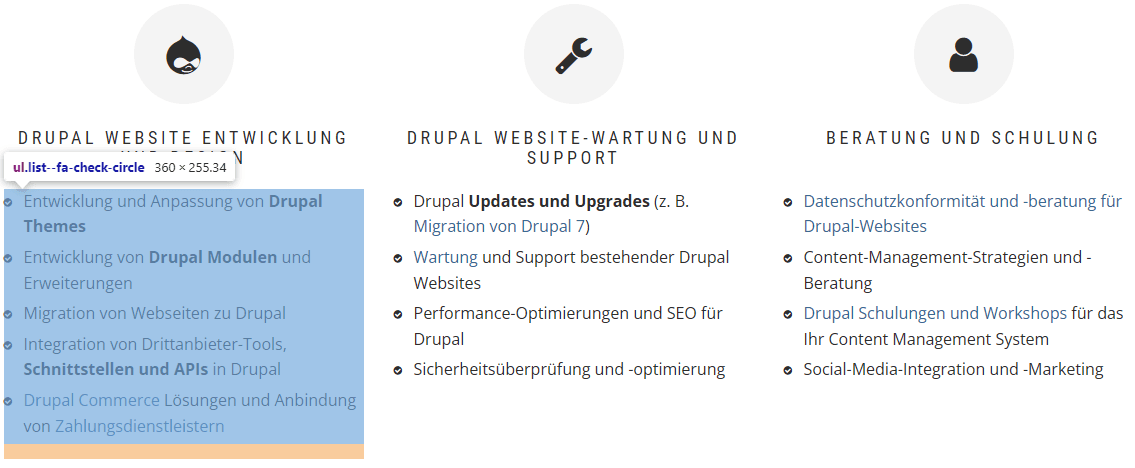 Das Bild zeigt drei Listen, die mit dem HTML-Strukturelement ul markiert werden.